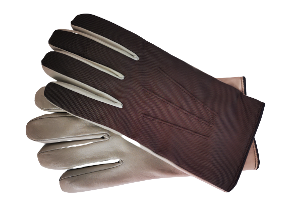 Brown fabric with creme nappa leather gloves on top