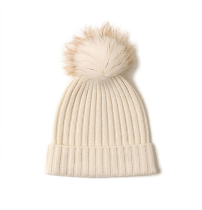 Cashmere Ribbed Beanie with Eco PomPom Mont Blanc Woolwhite