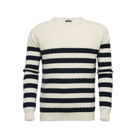 Men´s Cashmere Sweater Striped Cable Crew Neck in Silk Cashmere - Hommard
