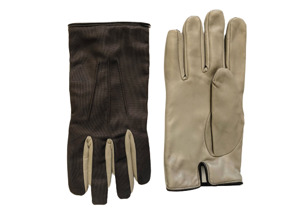 Brown fabric with creme nappa leather gloves