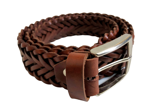 Woven leather belt light brown rolled