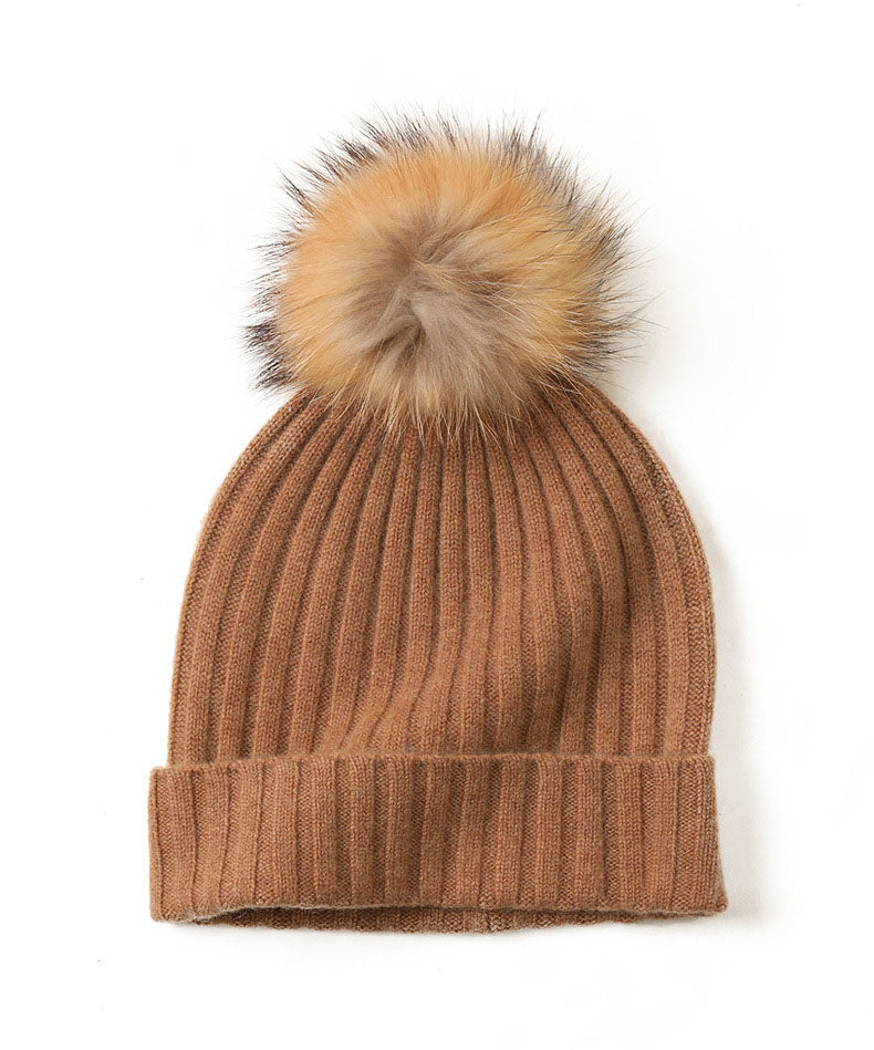 Cashmere Rib Beanie with PomPom Caramel