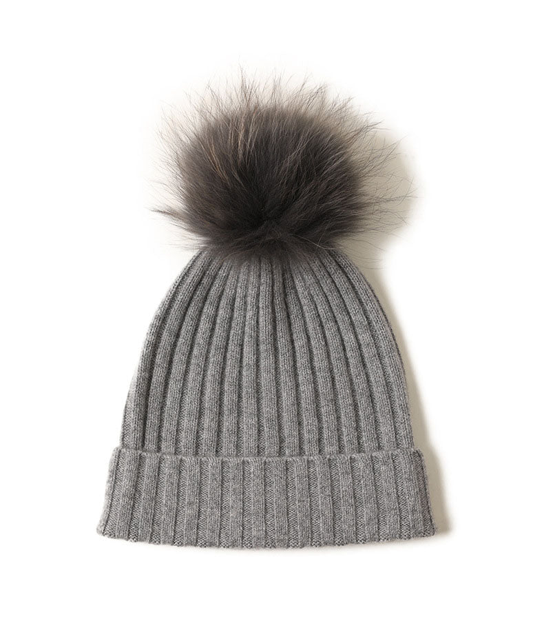 Cashmere ribbed Beanie with Pompom Grey