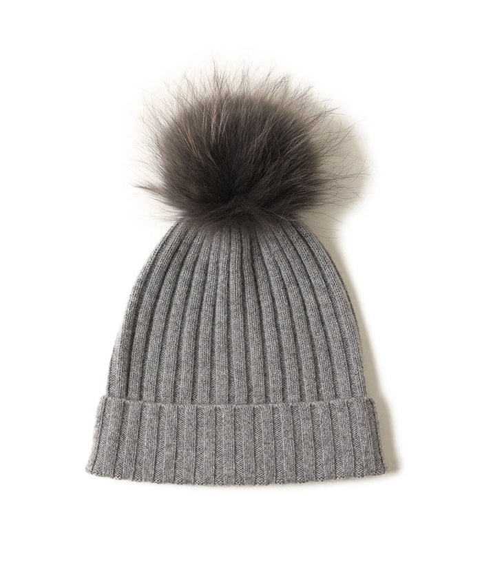 Cashmere ribbed Beanie with Pompom Grey