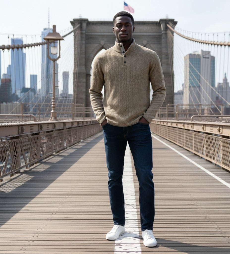 Camel Cashmere Sweater Button Neck Andromeda in Carbon Stitch