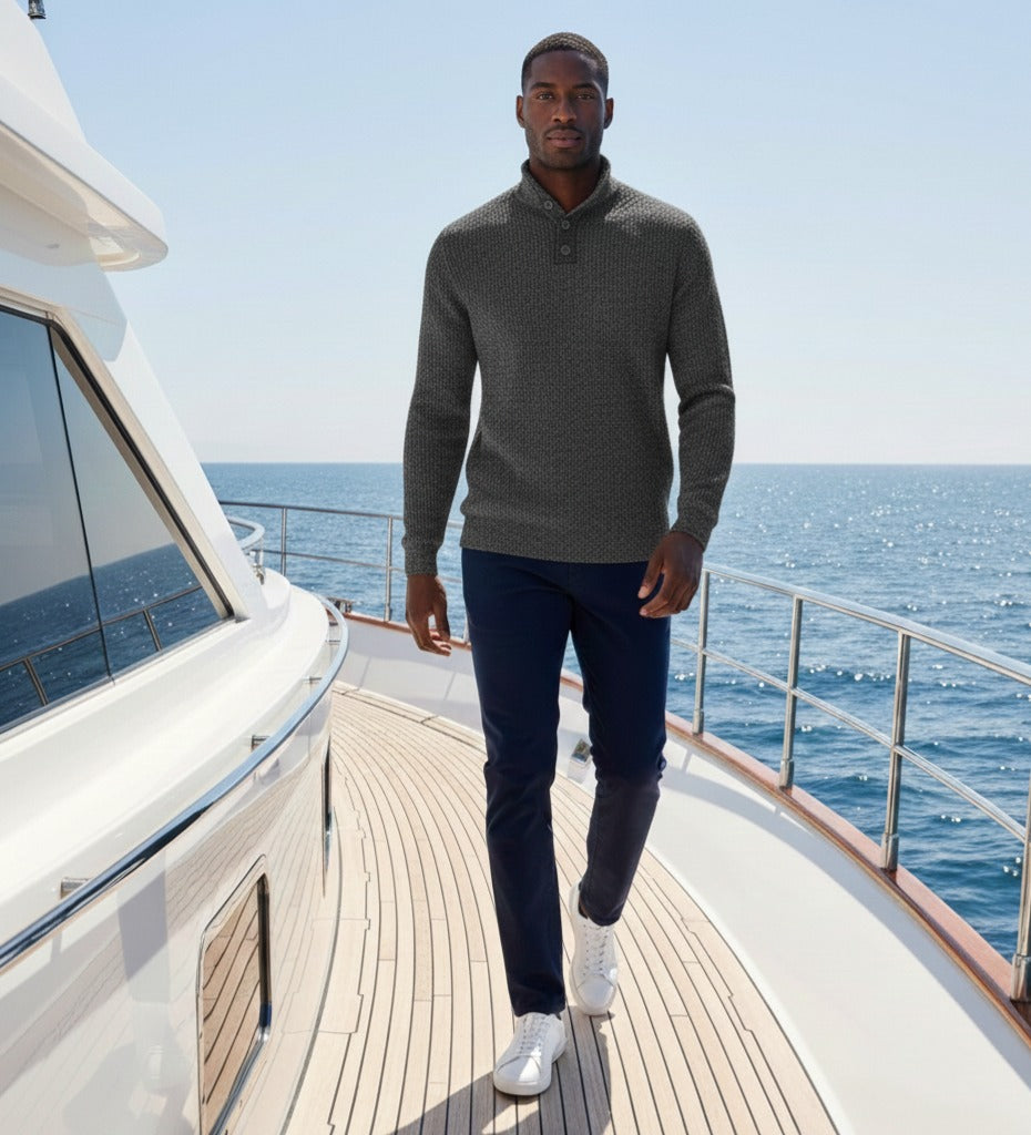 Cashmere Sweater Button Neck Andromeda in Carbon Stitch Mid Grey