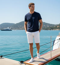 Silk Cotton T Shirt Short Sleeves with 3 buttons Navy