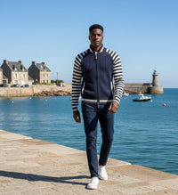 Cashmere Bomber Jacket in Seed Stitch, Striped Sleeves Bel Air