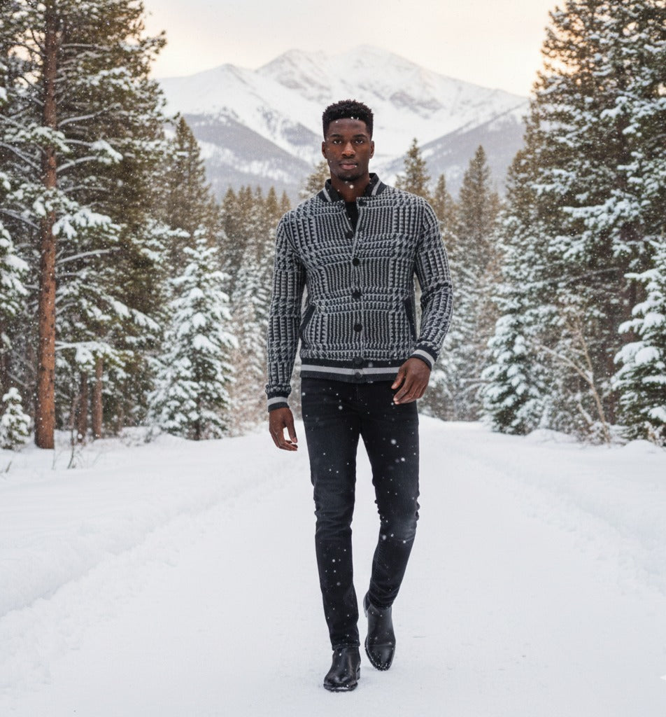 Cashmere Bomber Jacket in Houndstooth stitch Bezoudun Charcoal Grey