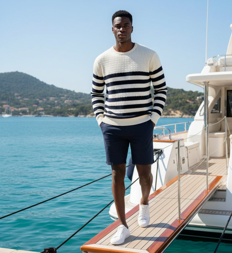 Silk Cashmere Sweater Striped Cable Crew Neck Breton