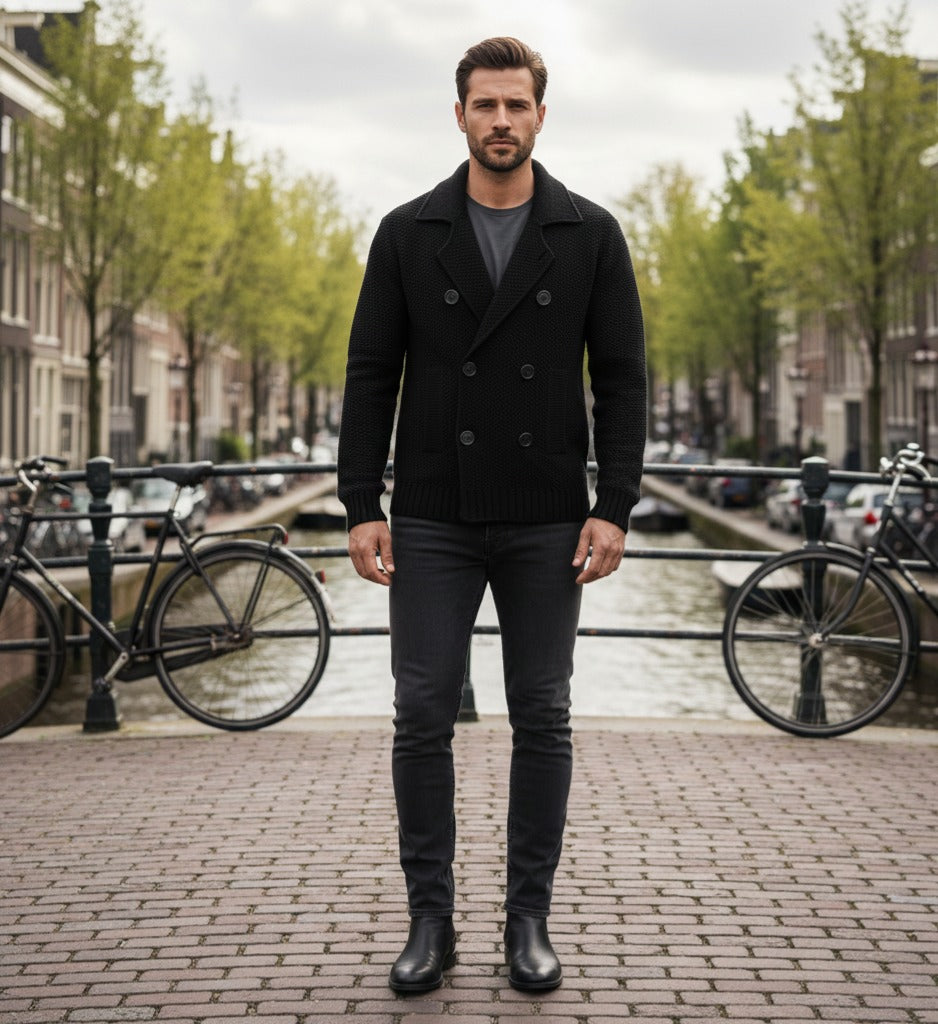 Cashmere Double Breasted Pea Coat in Seed Stitch Black Brixen