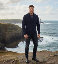 Cashmere Double Breasted Pea Coat in Seed Stitch Navy Brixen