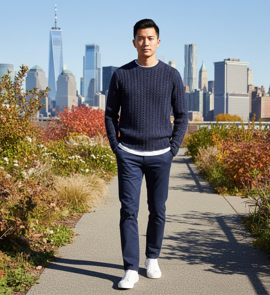 Donegal Cashmere Crew Neck Cable Sweater Buzz Blue