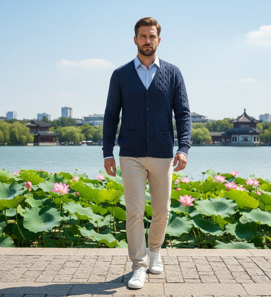 Jeans Cashmere Cardigan Cable stitch