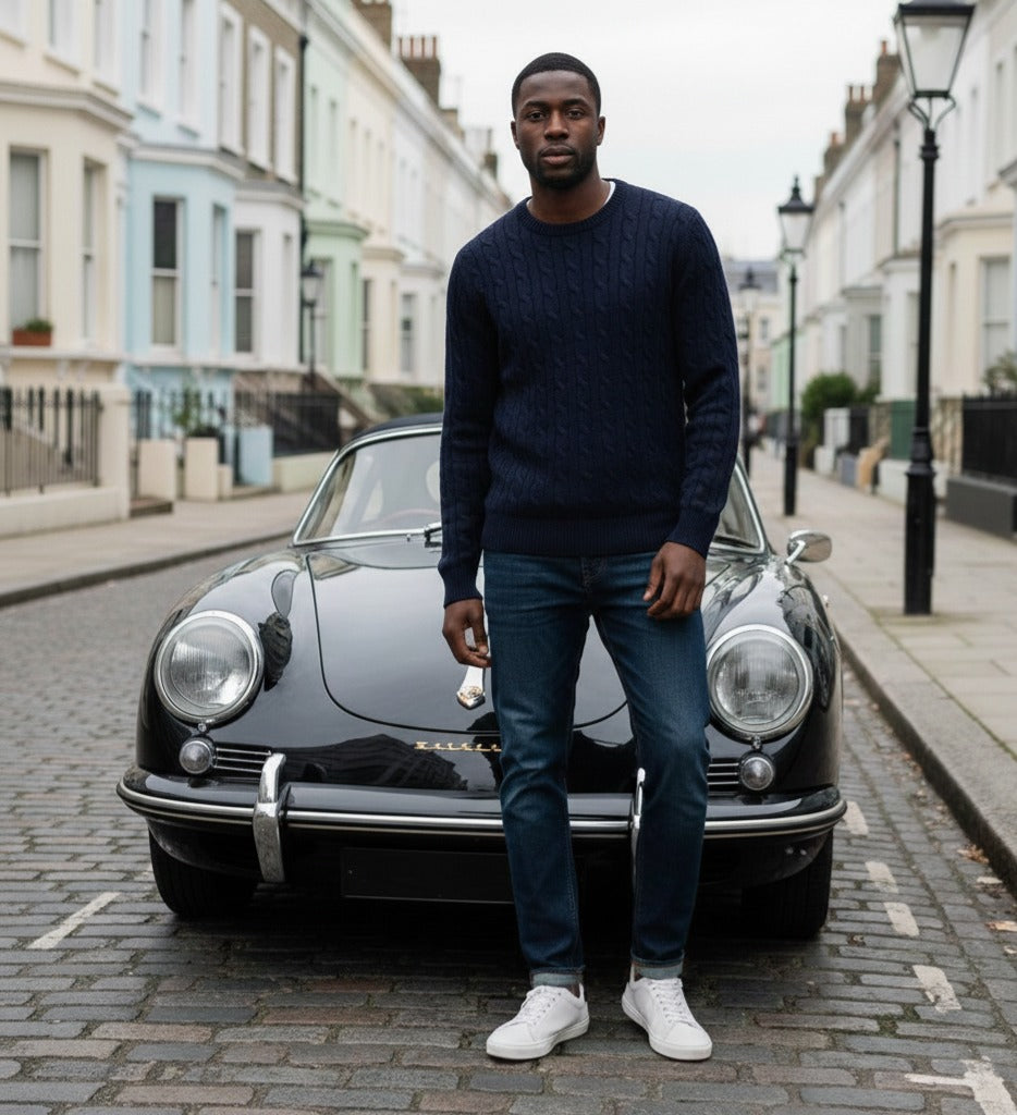 Navy Cashmere Crew Neck Cable Sweater