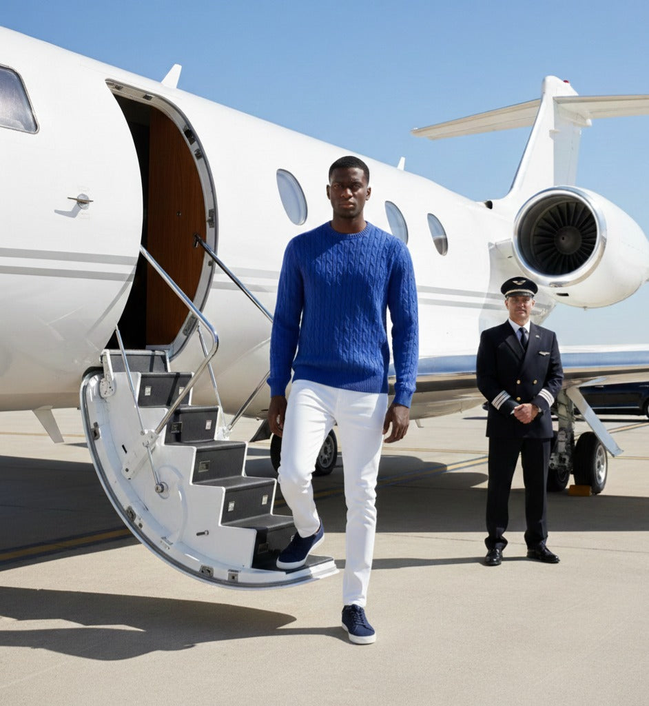 Royal Blue Cashmere Crew Neck Cable Sweater