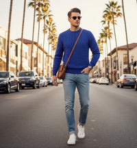 Royal Blue Cashmere Crew Neck Cable Sweater