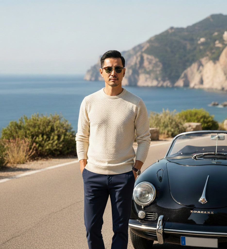 Cashmere Sweater Crew Neck Cabo in Carbon stitch Woolwhite