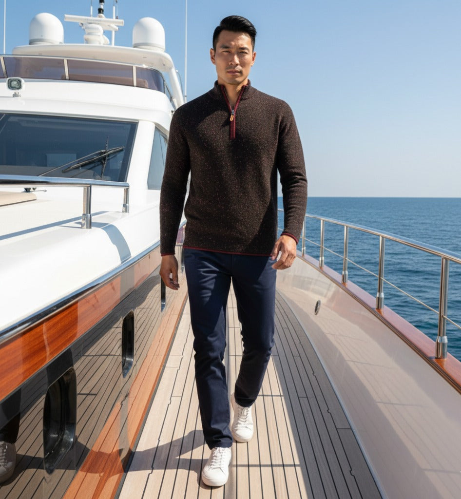 Donegal Black Red Cashmere Zip Neck Sweater Cabris in Carbon stitch