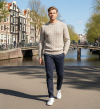 Donegal White Cashmere Crew Neck Cable Sweater
