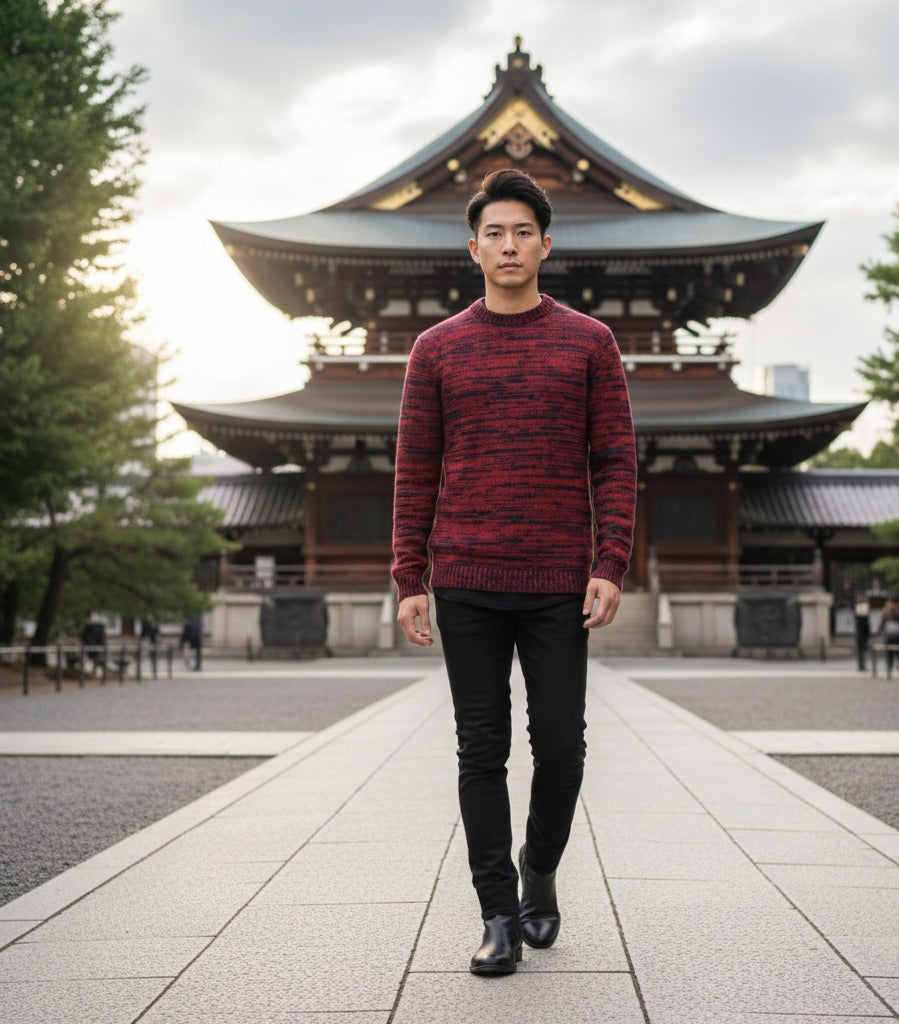 Cashmere Sweater Melange Crew Neck Red Navy Chaux