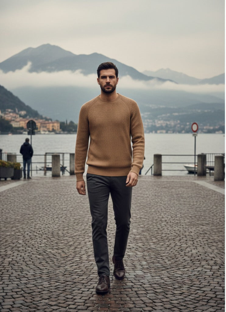 Cashmere Crewneck Sweater in Chunky Rib knit stitch Camel