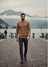 Cashmere Crewneck Sweater in Chunky Rib knit stitch Camel