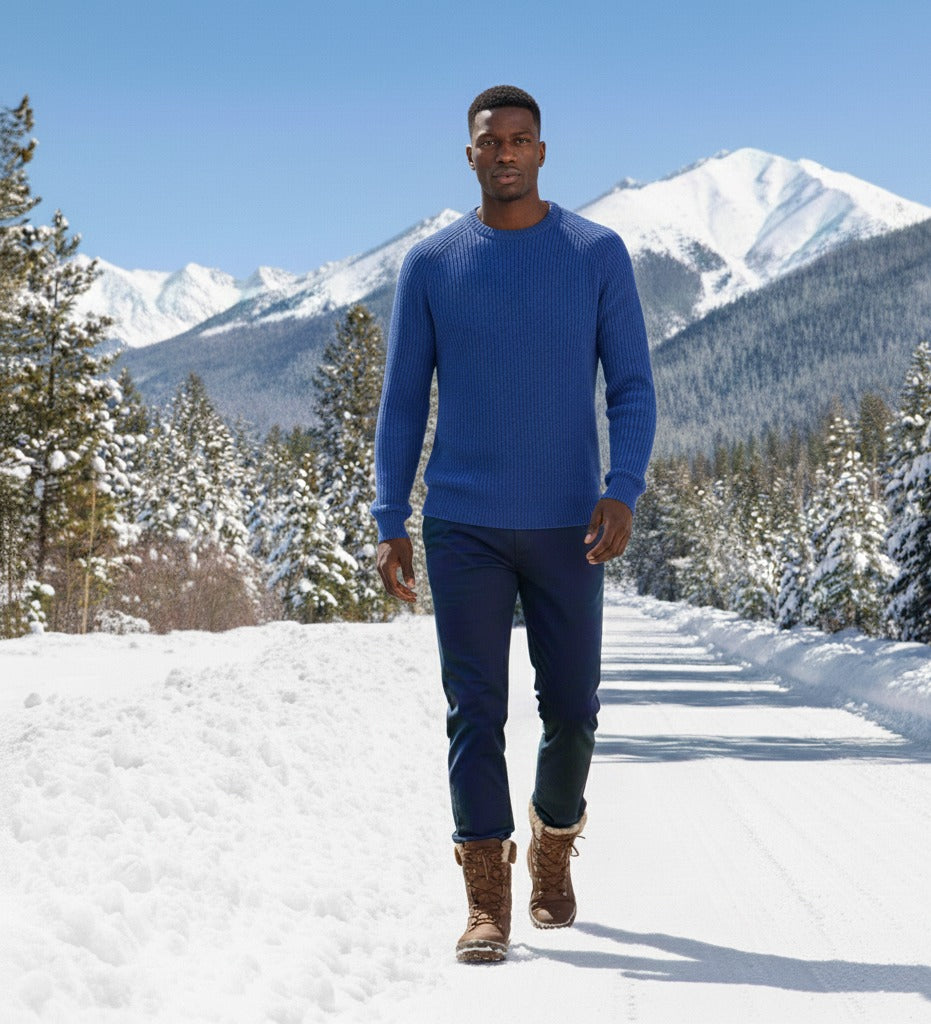 Cashmere Crewneck Sweater in Chunky Rib knit stitch Royal Blue