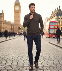 Dark Brown Cashmere Sweater Button Neck Coiba in Seed Stitch