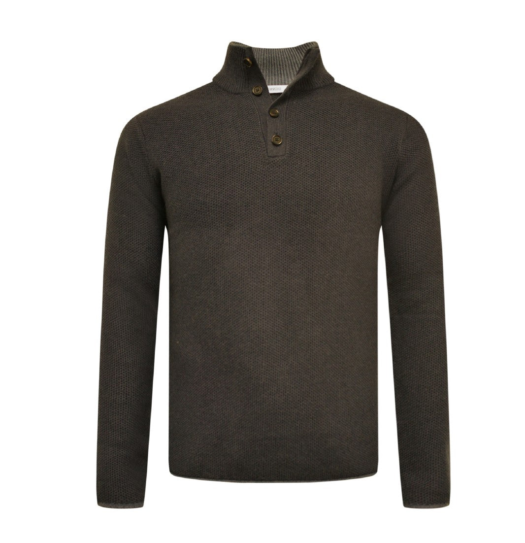 Dark Brown Cashmere Sweater Button Neck Coiba in Seed Stitch