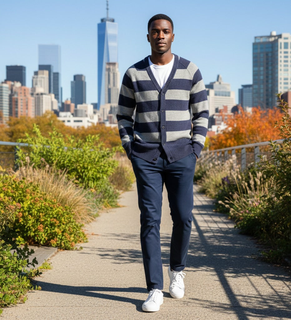 Striped Pique Cashmere Cardigan Cortina Blue Grey