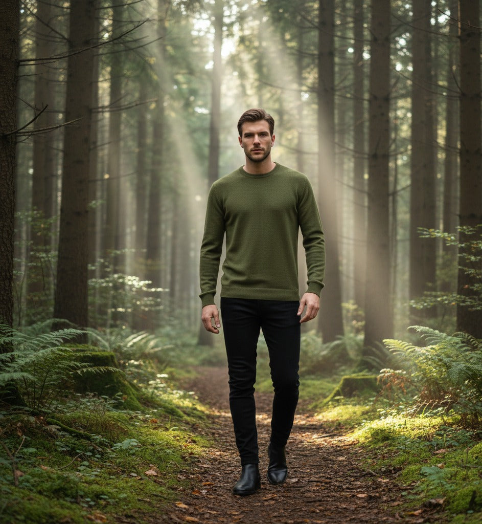 Cashmere Crewneck Sweater Cuebris in left stitch Hunting Green