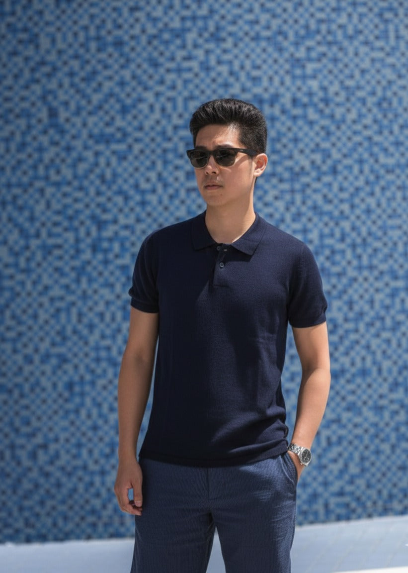 Navy Cashmere Polo Shirt Hampton in Cotton Cashmere