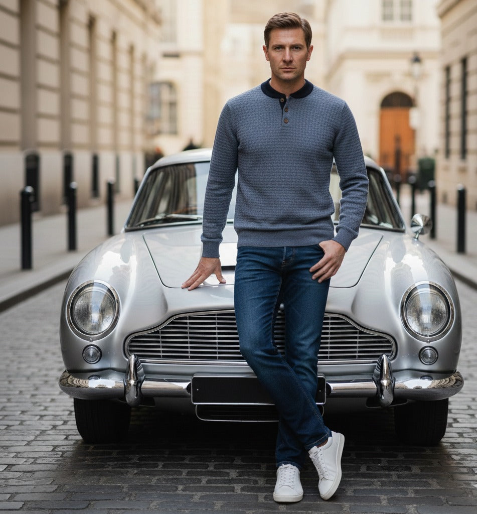 Navy Cashmere Button Neck Sweater Hunter