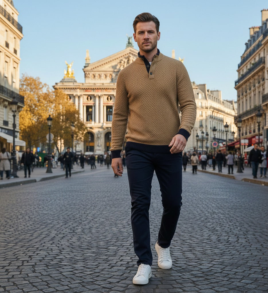 Camel Cashmere Sweater Button Neck Kandui in small Seed Stitch