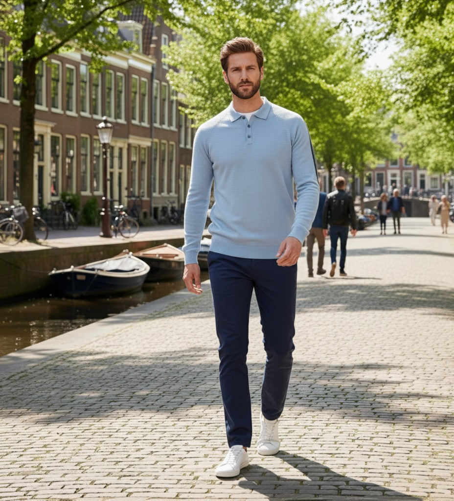 Long Sleeve Polo Shirt with sleeve striping Monaco Light Blue