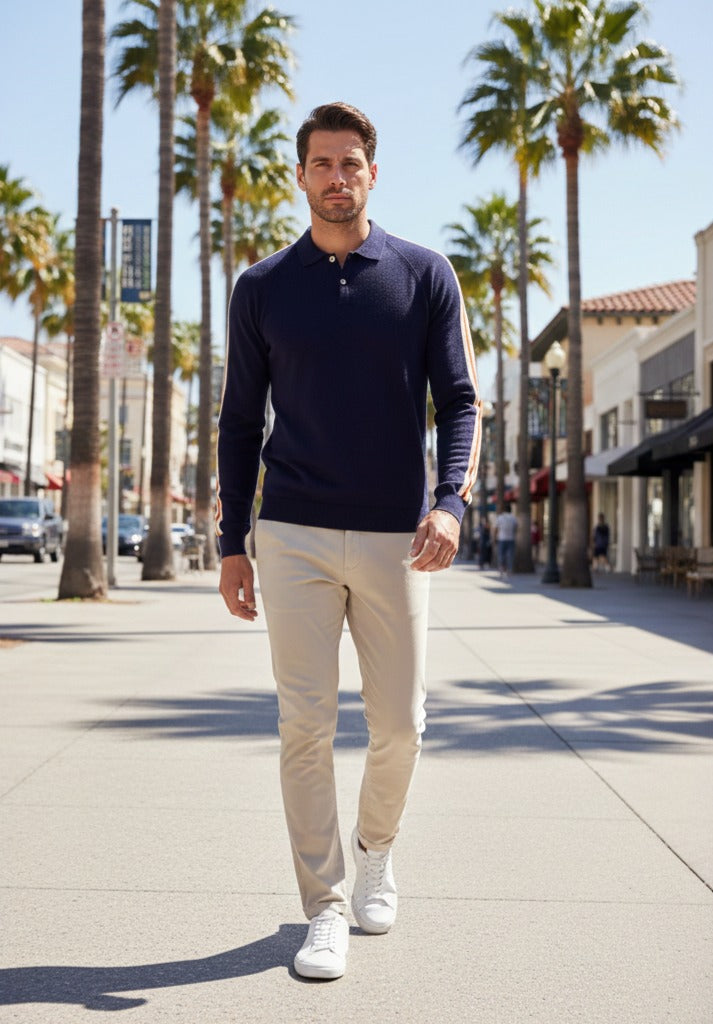 Long Sleeve Polo Shirt with sleeve striping Monaco Navy