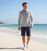 Blue grey Striped Long Sleeve Polo Shirt