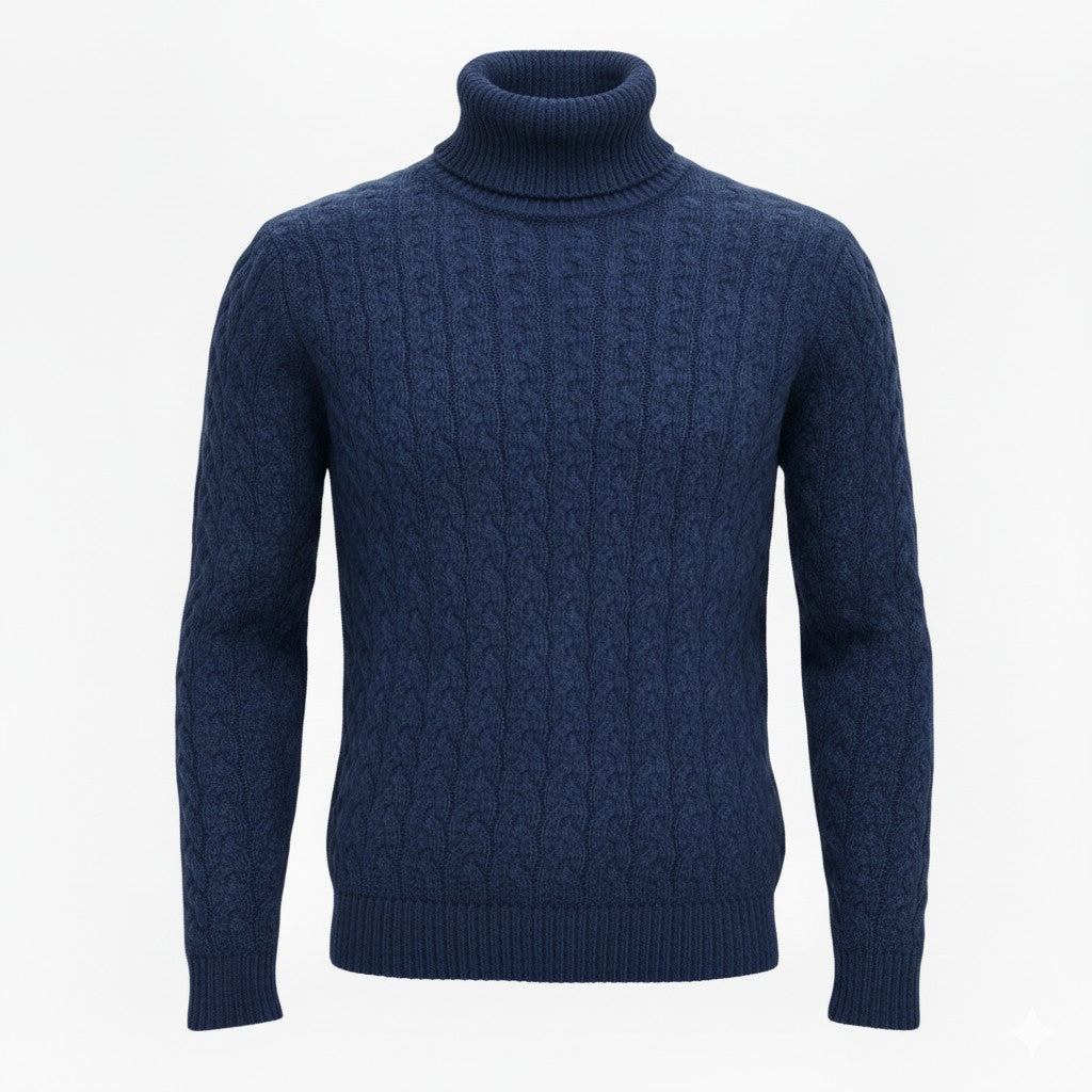Jeans Blue Cashmere Turtle neck Sweater in Full Cable knit Neil