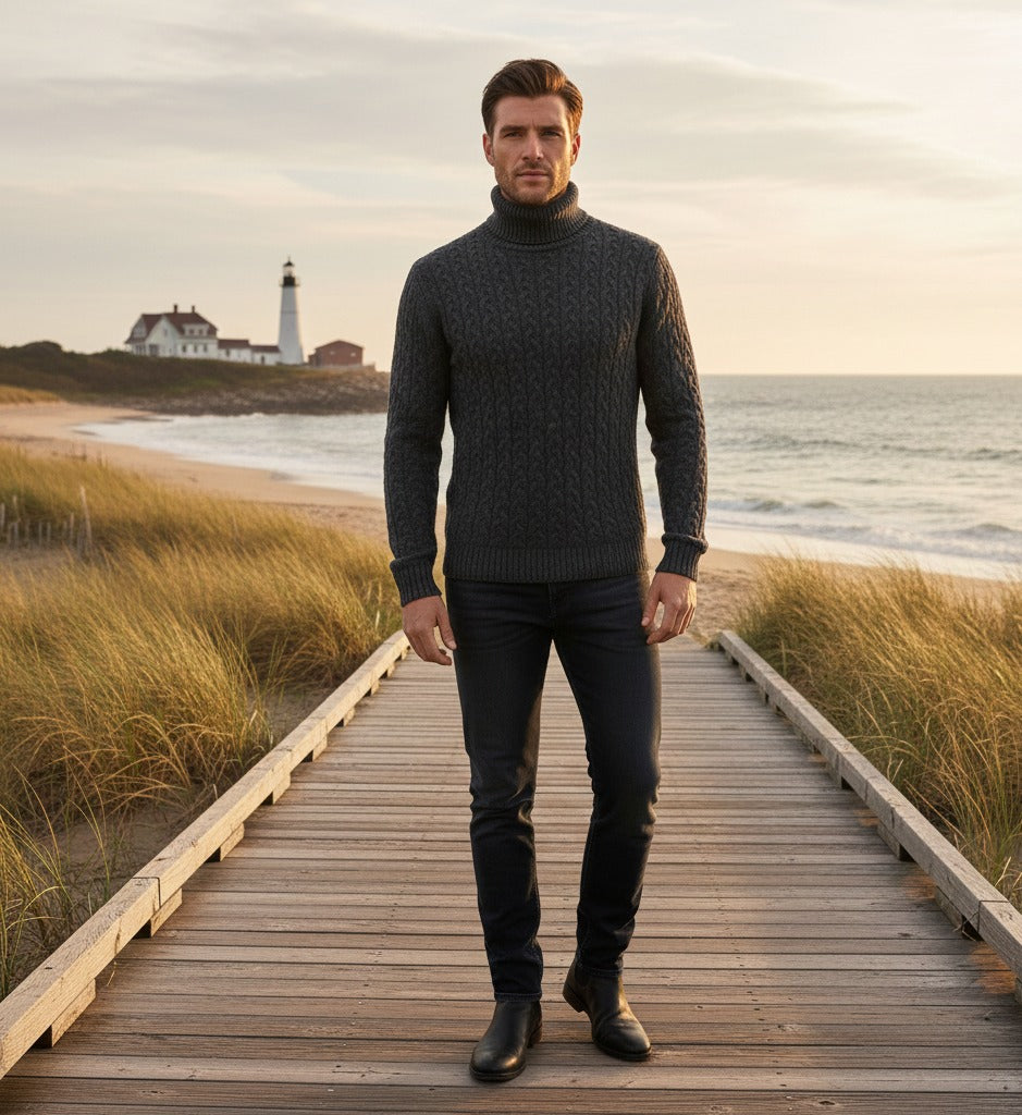 Charcoal Cashmere Turtle neck Sweater in Full Cable knit Neil