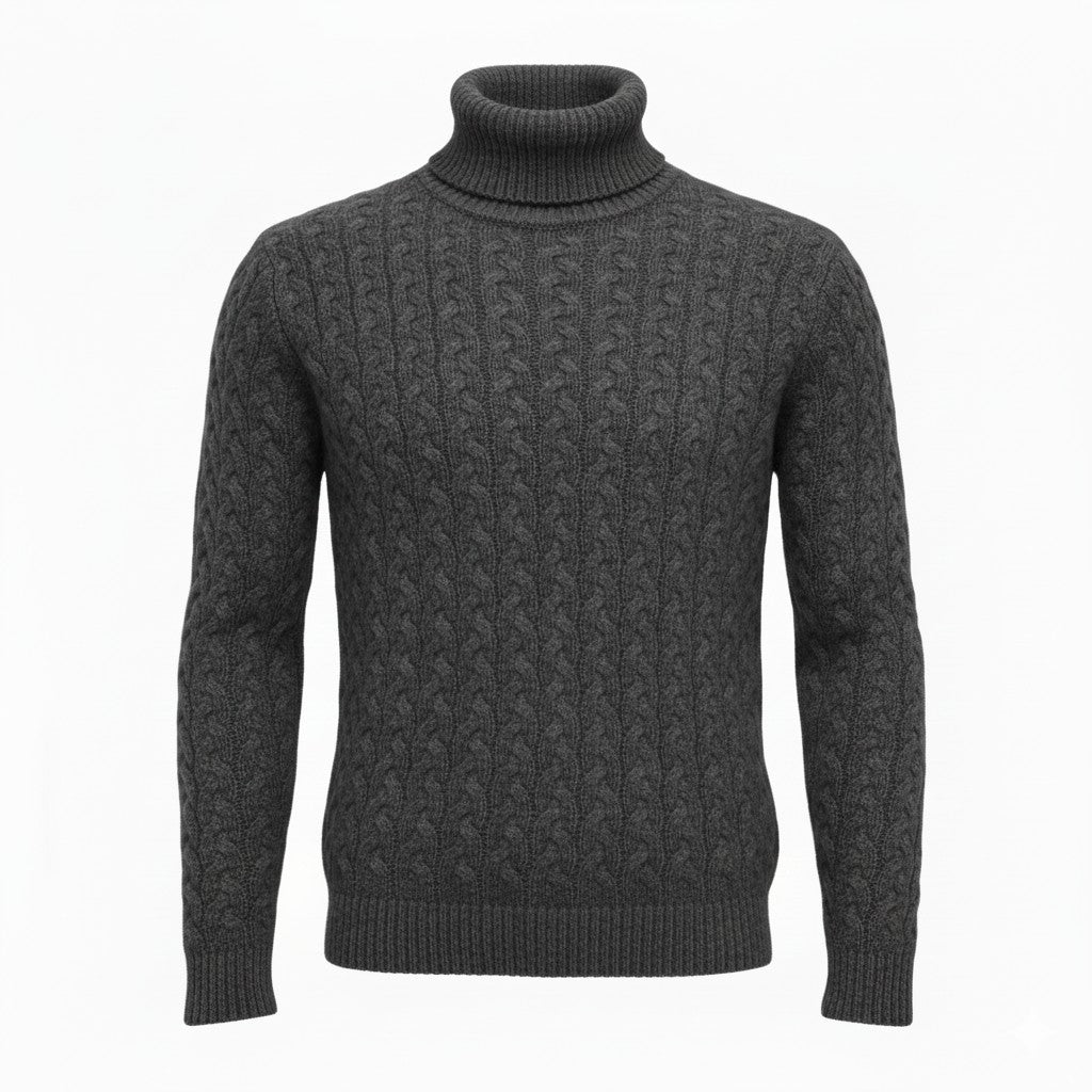 Charcoal Cashmere Turtle neck Sweater in Full Cable knit Neil