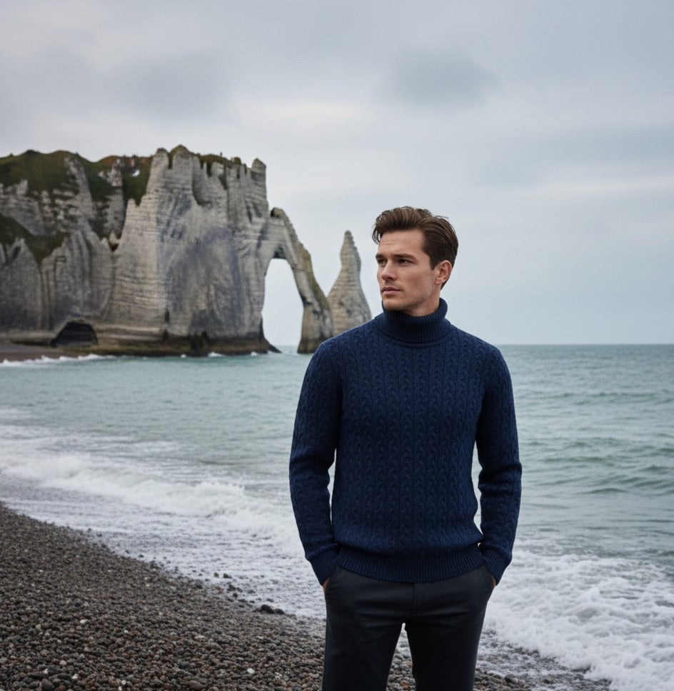 Jeans Blue Cashmere Turtle neck Sweater in Full Cable knit Neil