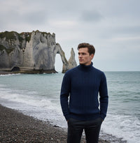 Jeans Blue Cashmere Turtle neck Sweater in Full Cable knit Neil