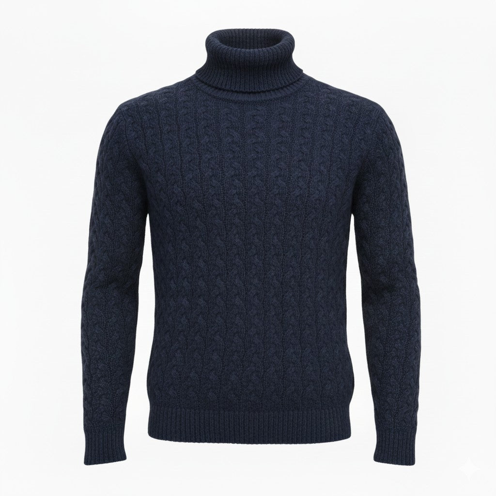 Navy Cashmere Turtle neck Sweater in Full Cable knit Neil