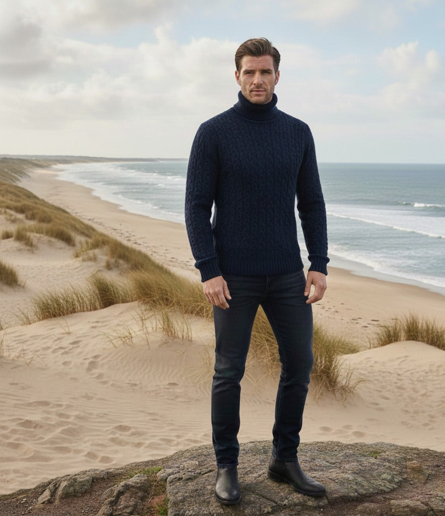 Navy Cashmere Turtle neck Sweater in Full Cable knit Neil