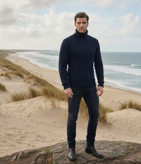 Navy Cashmere Turtle neck Sweater in Full Cable knit Neil
