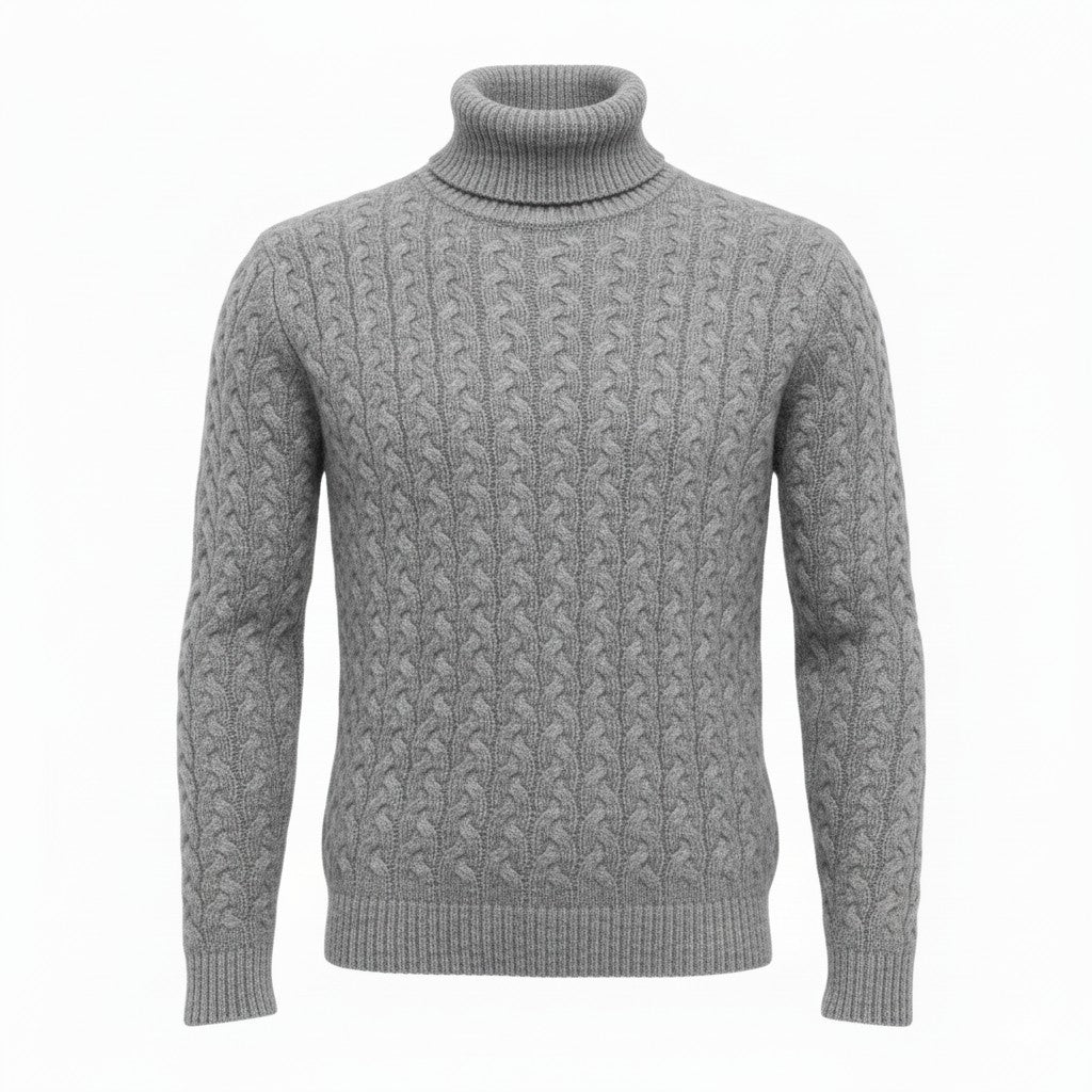 Silver Grey Cashmere Turtle neck Sweater in Full Cable knit Neil