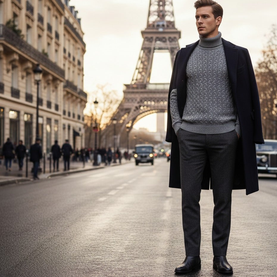 Silver Grey Cashmere Turtle neck Sweater in Full Cable knit Neil