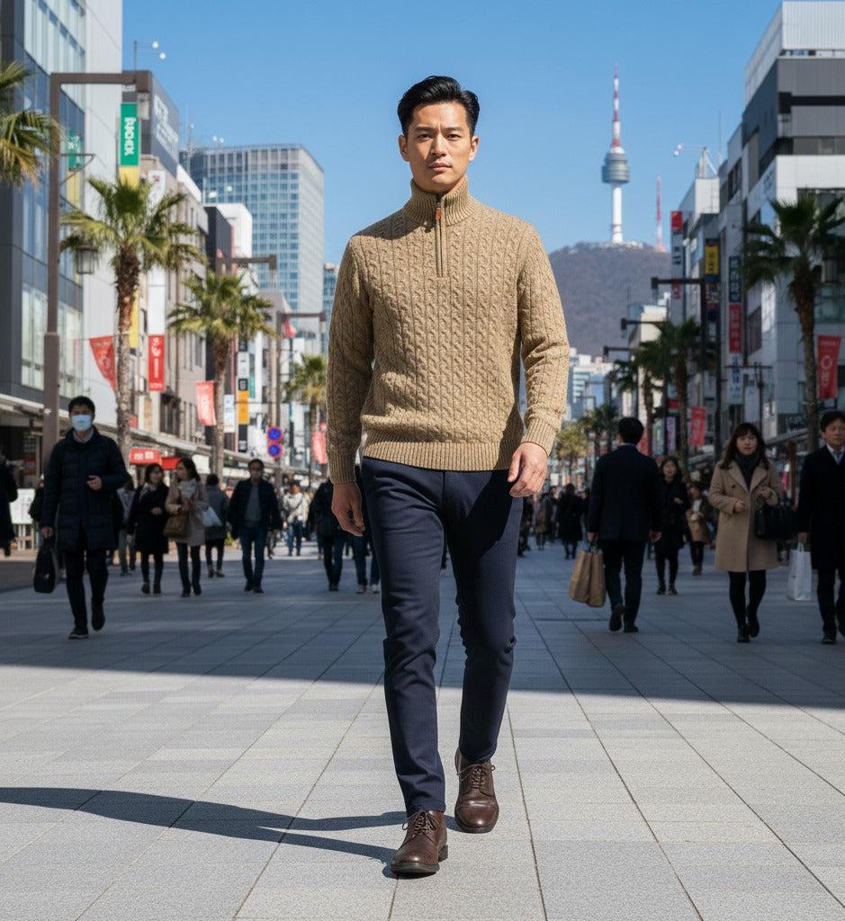 Camel Cashmere Half Zip Sweater in Full Cable knit Neil