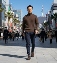 Brown Cashmere Half Zip Sweater in Full Cable knit Neil